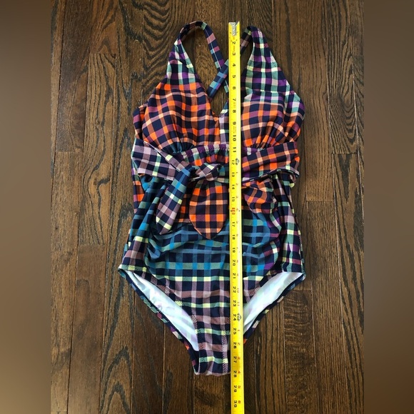 Motherhood Maternity M Checkered Orange/Blue One Piece w/Cross Straps & Bow NWOT - Picture 5 of 12